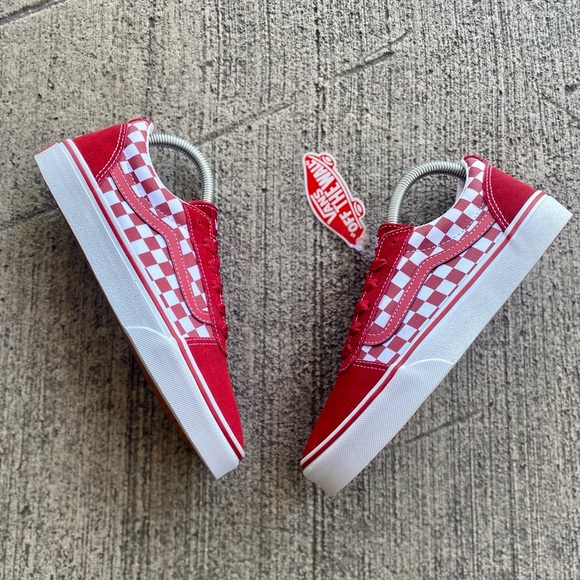 VANS Old Skool Crimson Red White Checker Canvas Shoes - Picture 2 of 10